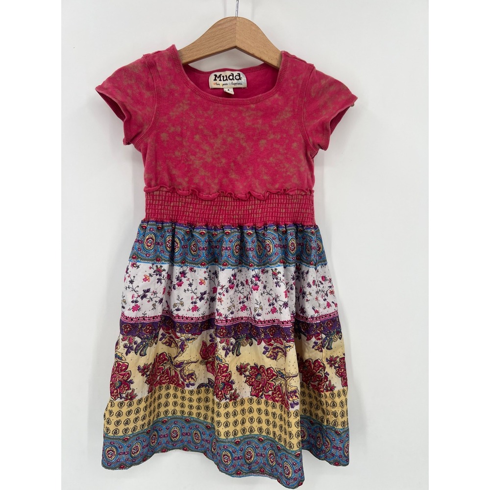 Mudd Girls Short Sleeve Pink Acid Wash Bohemian Tiered Floral Paisley Dress 4